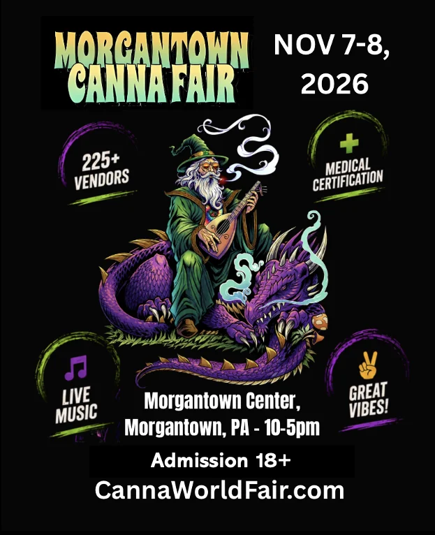 Morgantown Canna Fair November 7–8, 2026 flyer featuring a wizard and purple dragon
