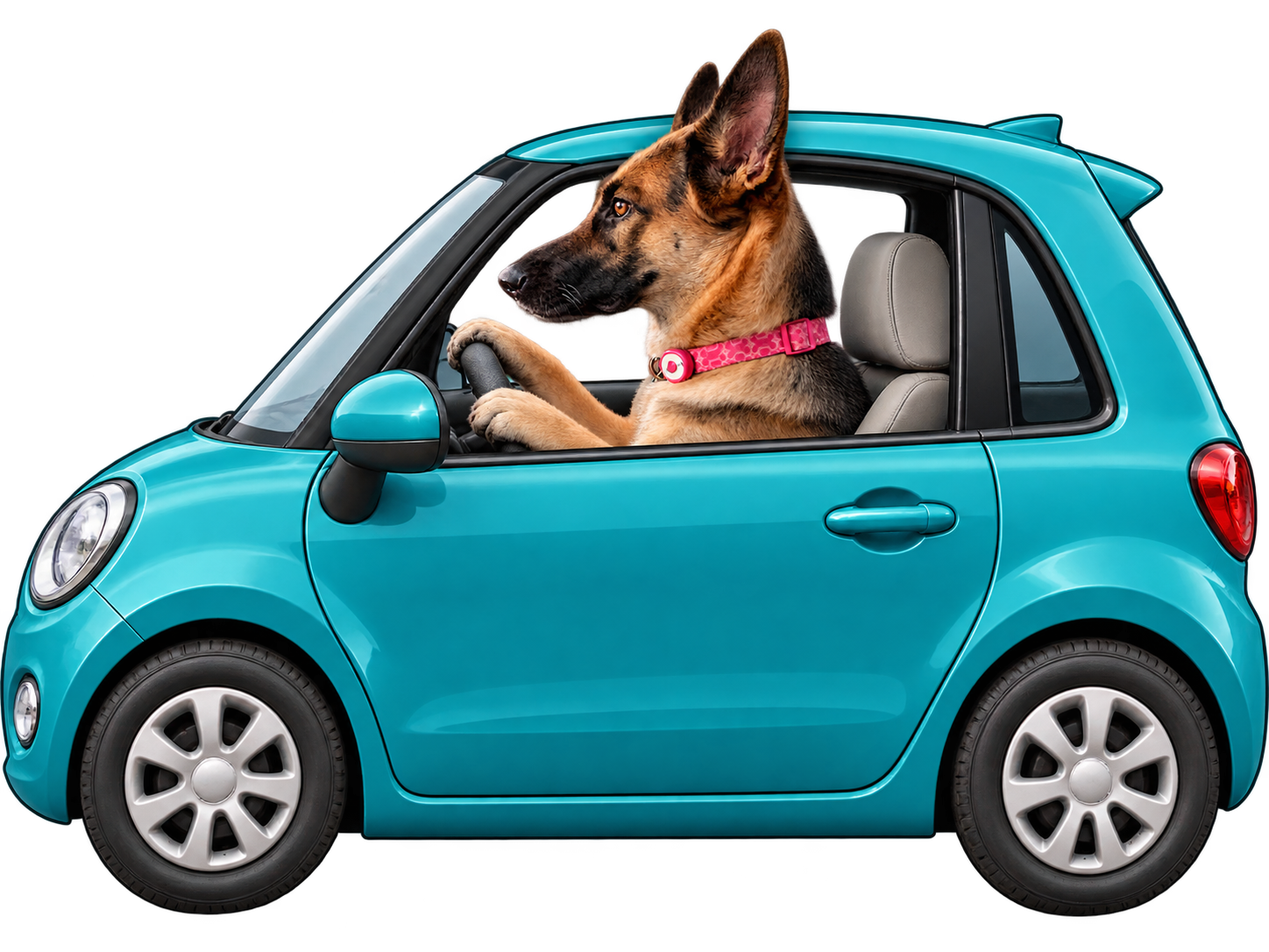 Roxy the German shepherd driving her teal car