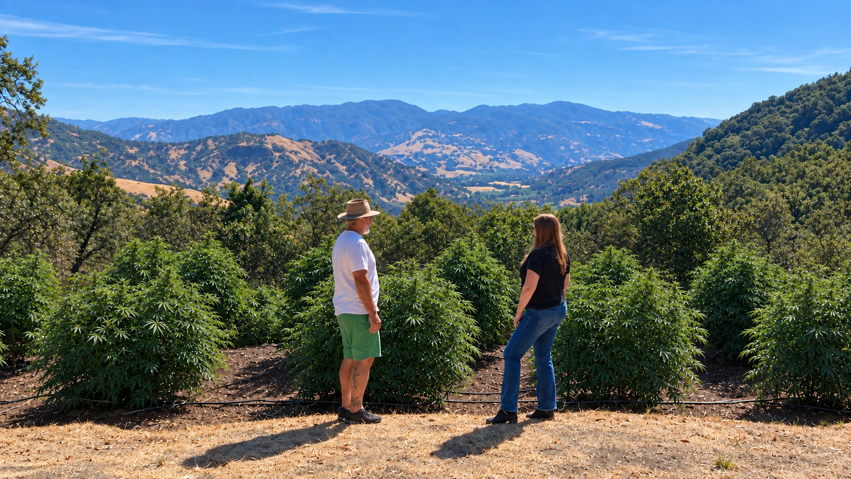 Visitors exploring a cannabis garden with a mountain and valley backdrop